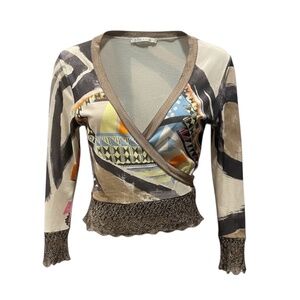 Y2K 90’s Black & Tan True Wrap Top with Lace Trim Size Small